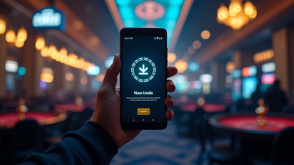 Android phone showing a casino app download screen with neon casino lights