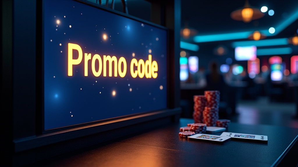 A glowing casino promo code screen in a dark, stylish casino setting