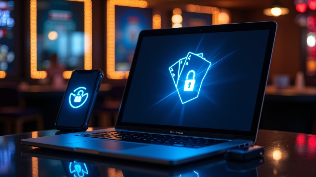 Laptop and smartphone showing a casino login screen in a dark neon setting