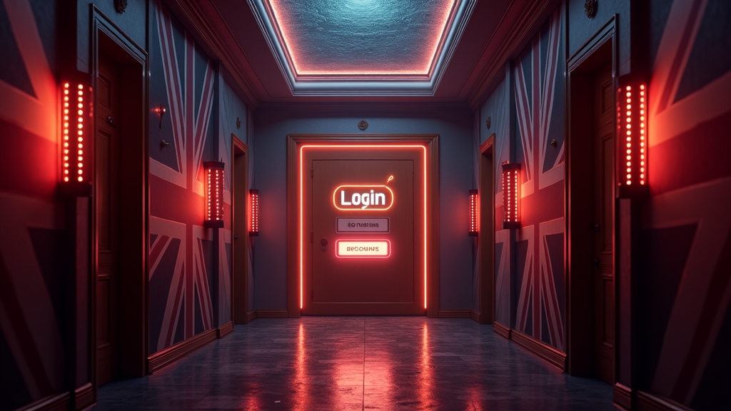 Dark casino corridor with a glowing login portal and subtle UK-themed lighting