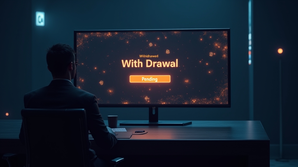 Withdrawal pending screen with casino cashier and transfer symbols