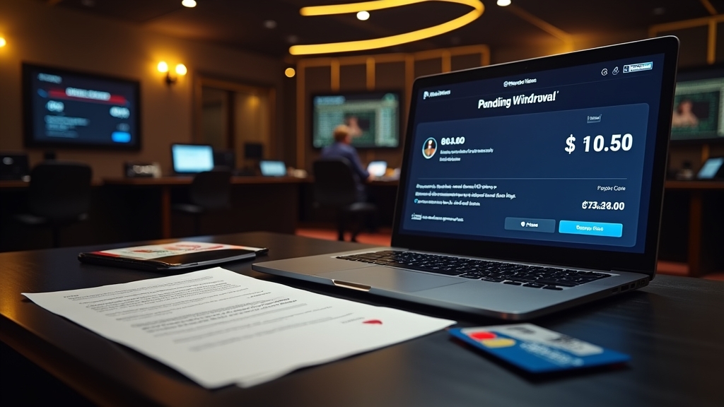 Verification documents next to a pending casino withdrawal on a laptop