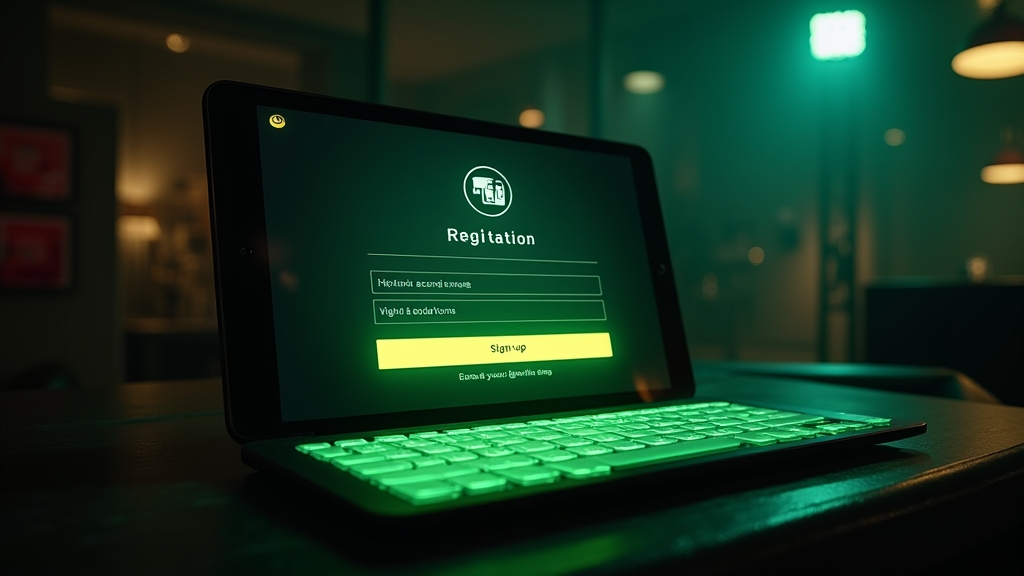 A tablet showing casino registration fields in a neon-lit casino setting