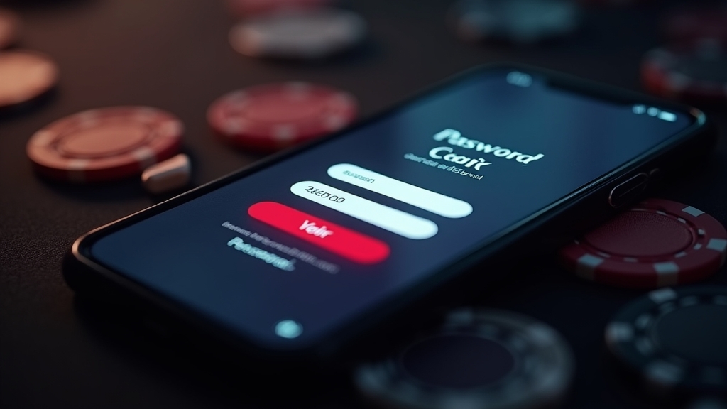 Mobile casino login screen with password and verification code on a dark table