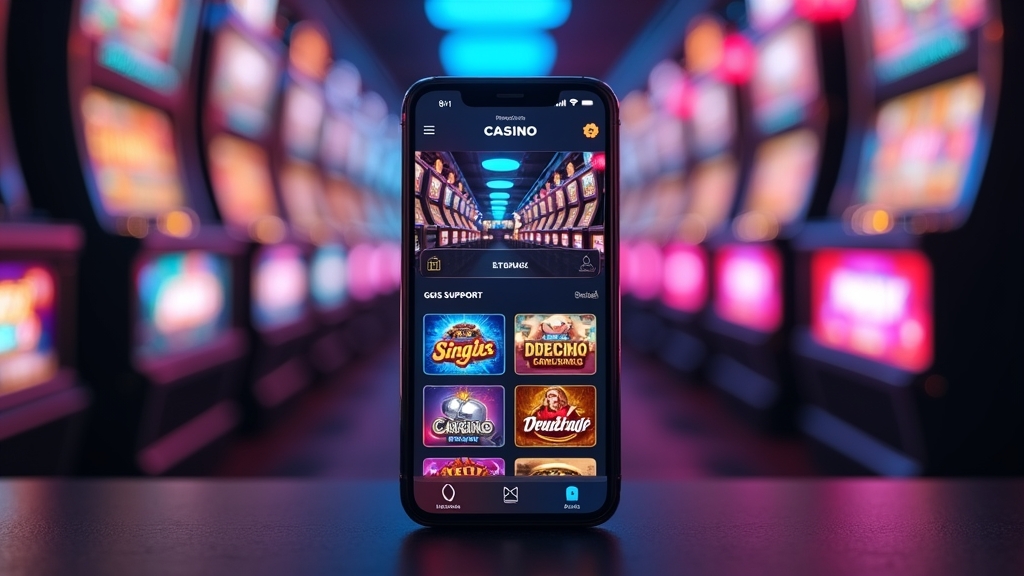 Mobile casino app home screen with games, cashier, search, and support icons